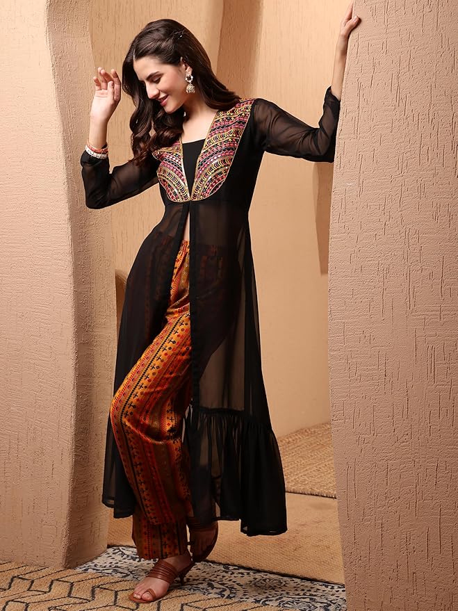 Women's Black Georgette Embroidered High Front Slit A-Line Kurta Palazzo Set – Sizes S to XXL