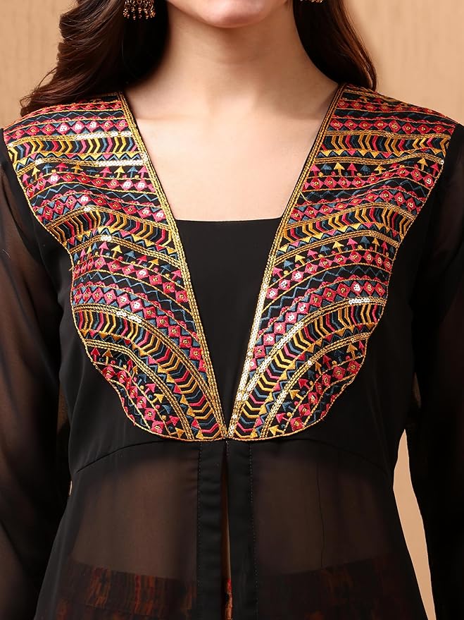 Women's Black Georgette Embroidered High Front Slit A-Line Kurta Palazzo Set – Sizes S to XXL - Image 2