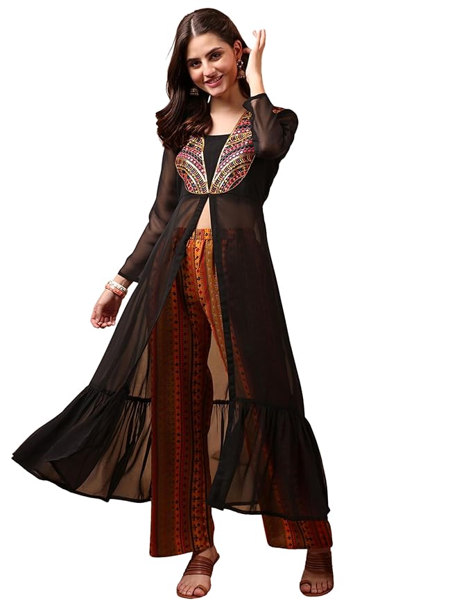 Women's Black Georgette Embroidered High Front Slit A-Line Kurta Palazzo Set – Sizes S to XXL - Image 6