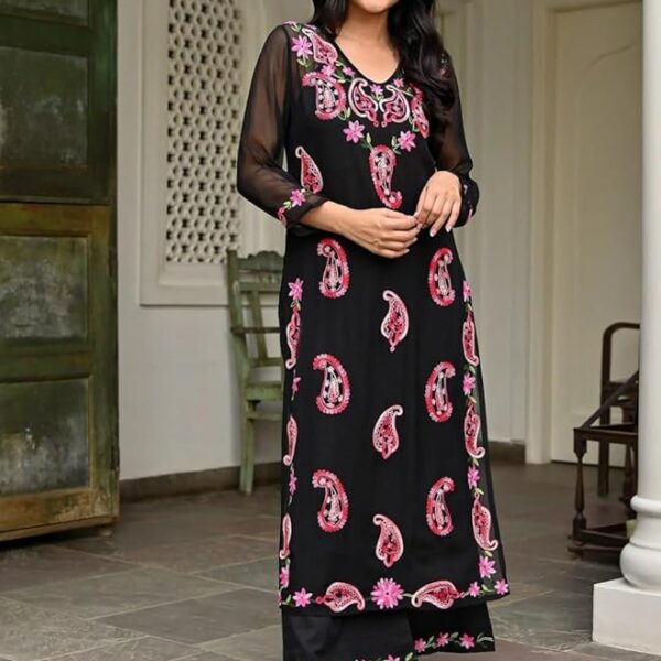 Women's Black Georgette Heavy Embroidered Kurta with Matching Pant Set – Sizes M to XXL