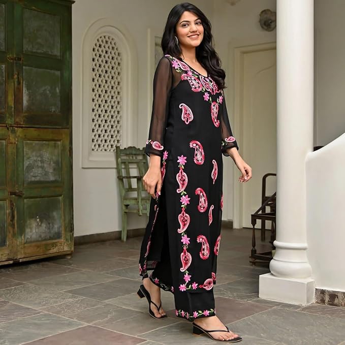 Women's Black Georgette Heavy Embroidered Kurta with Matching Pant Set – Sizes M to XXL - Image 4