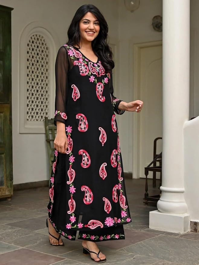 Women's Black Georgette Heavy Embroidered Kurta with Matching Pant Set – Sizes M to XXL - Image 2