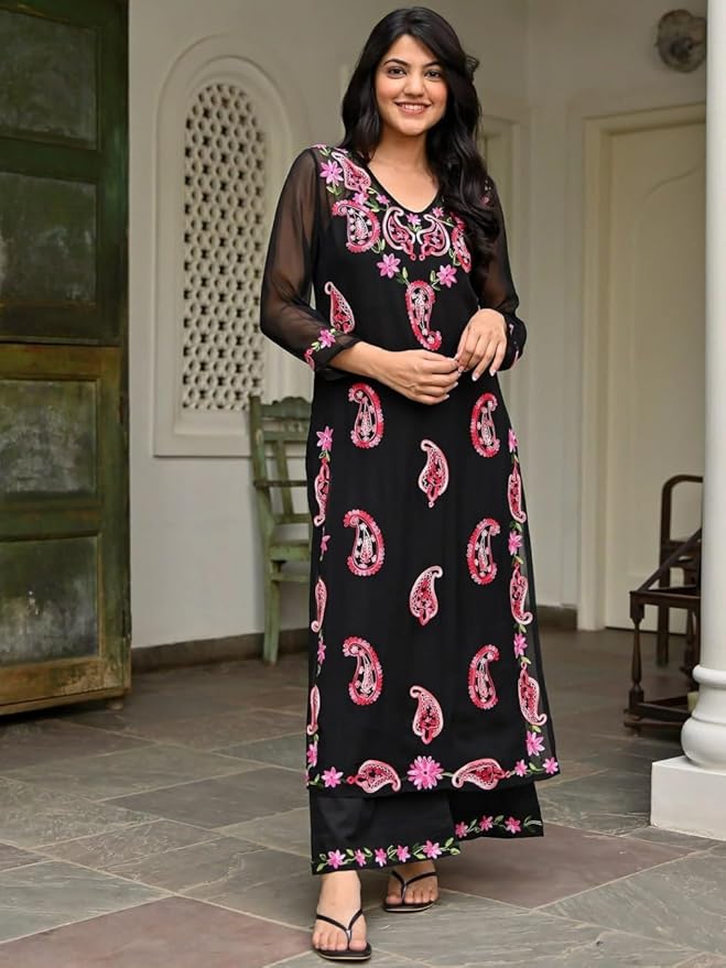 Women's Black Georgette Heavy Embroidered Kurta with Matching Pant Set – Sizes M to XXL