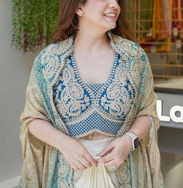 Women's Blue Indo‑Western Dhoti Set with Embroidered Blouse & Shrug – Size XL (Margin up to XXL)
