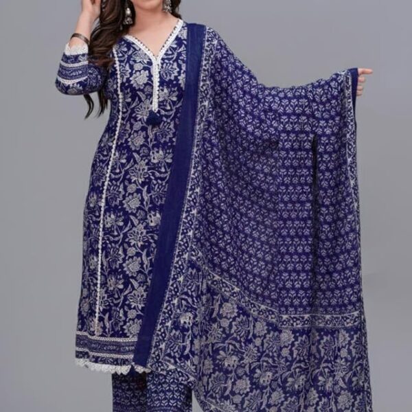 Women's Dark Blue Pure Cotton Printed Straight Kurta Set with Palazzo Pants & Dupatta – Sizes S to 4XL