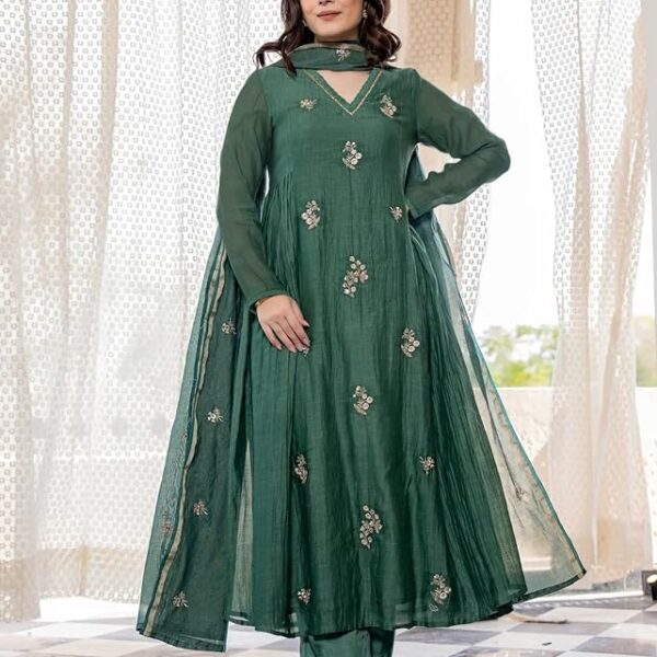 Women's Dark Green Embroidery Solid Anarkali Kurta and Pant Set with Dupatta – Sizes S to 5XL