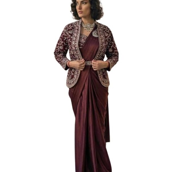 Women's Maroon Silk Pre‑Draped Saree with Embroidered Jacket & Waist Belt – Sizes M to XXL