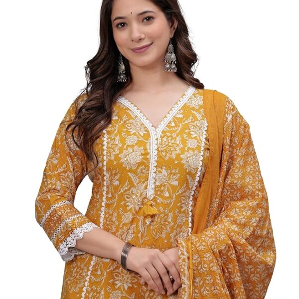 Women's Mustard Pure Cotton Printed Straight Kurta Set with Palazzo Pants & Dupatta – Sizes S to 4XL
