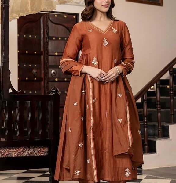 Women's Orange Embroidery Solid Anarkali Kurta and Pant Set with Dupatta – Sizes S to 5XL