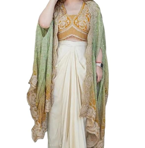 Women's Orange & Green Indo‑Western Dhoti Set with Embroidered Blouse & Shrug – Size XL (Margin up to XXL)