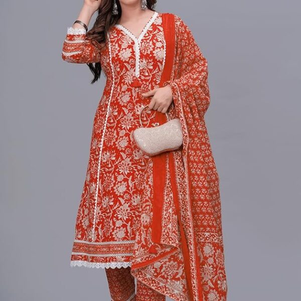 Women's Orange Pure Cotton Printed Straight Kurta Set with Palazzo Pants & Dupatta – Sizes S to 4XL