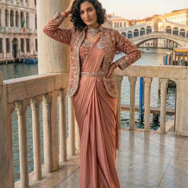 Women's Peach Silk Pre‑Draped Saree with Embroidered Jacket & Waist Belt – Sizes M to 2XL