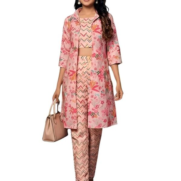 Women's Pink Ethnic Co‑Ord Set – 3 Piece Kurta, Pant & Shrug – Sizes S to 4XL