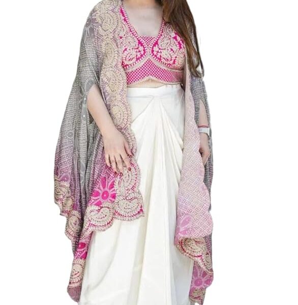 Women's Pink Indo‑Western Dhoti Set with Embroidered Blouse & Shrug – Size XL (Margin up to XXL)