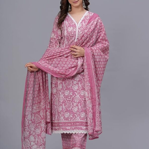 Women's Pink Pure Cotton Printed Straight Kurta Set with Palazzo Pants & Dupatta – Sizes S to 4XL