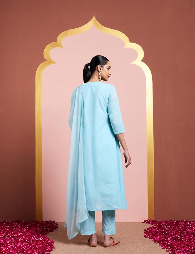 Women's Pure Cotton A-Line 3 Piece Schiffli Suit Set - Image 2