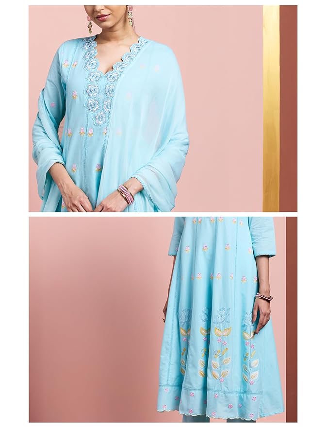Women's Pure Cotton A-Line 3 Piece Schiffli Suit Set - Image 5