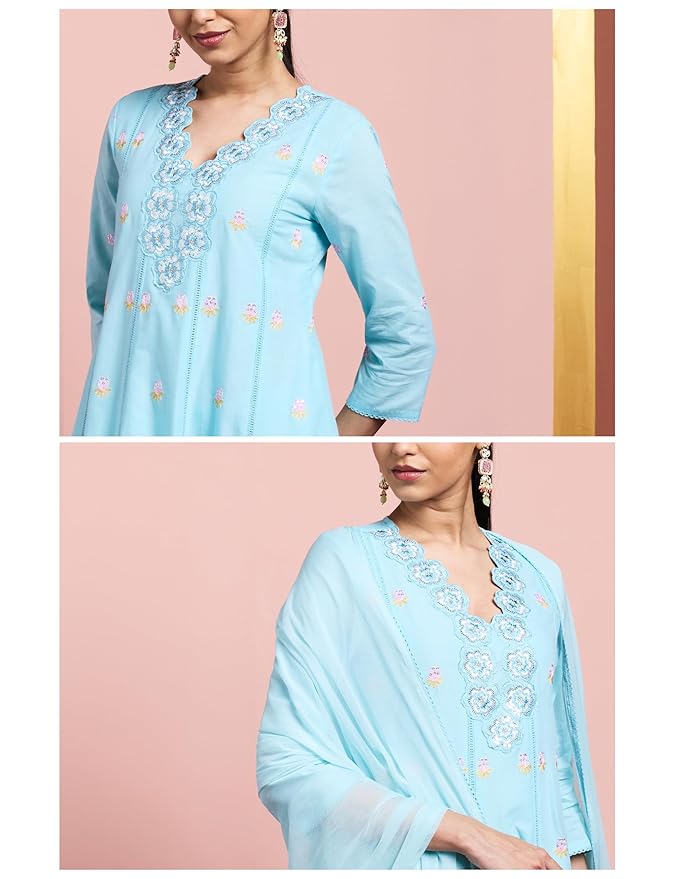 Women's Pure Cotton A-Line 3 Piece Schiffli Suit Set - Image 4