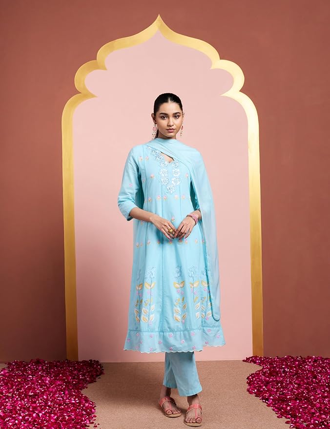 Women's Pure Cotton A-Line 3 Piece Schiffli Suit Set - Image 3
