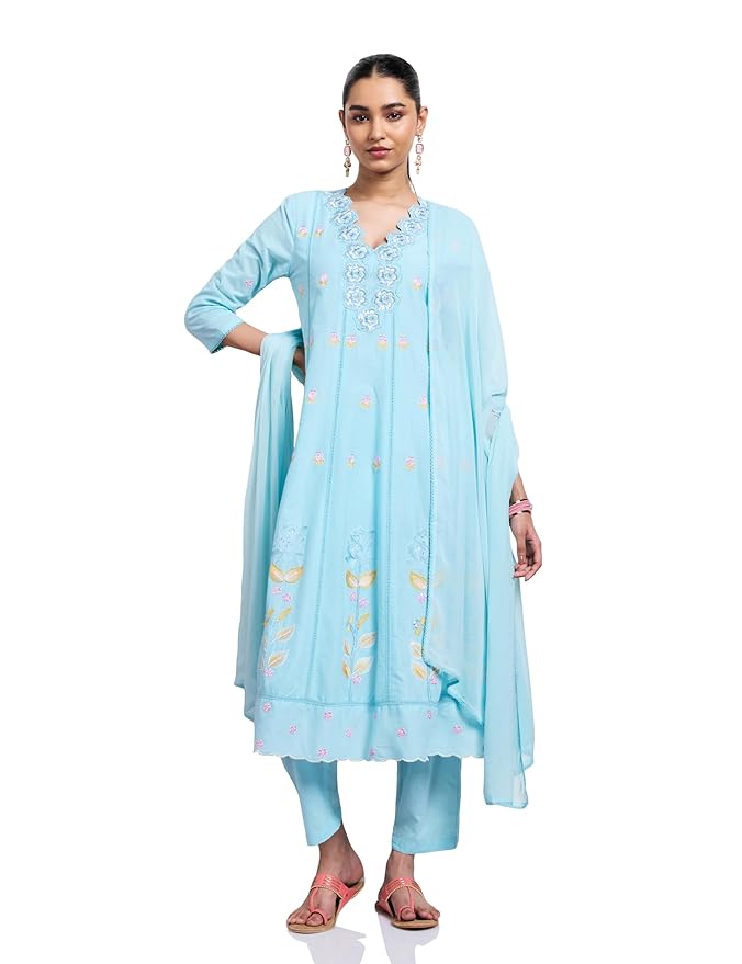 Women's Pure Cotton A-Line 3 Piece Schiffli Suit Set