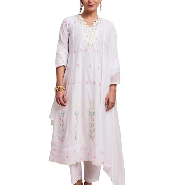 Women's Pure Cotton A-Line 3 Piece White Schiffli Suit Set