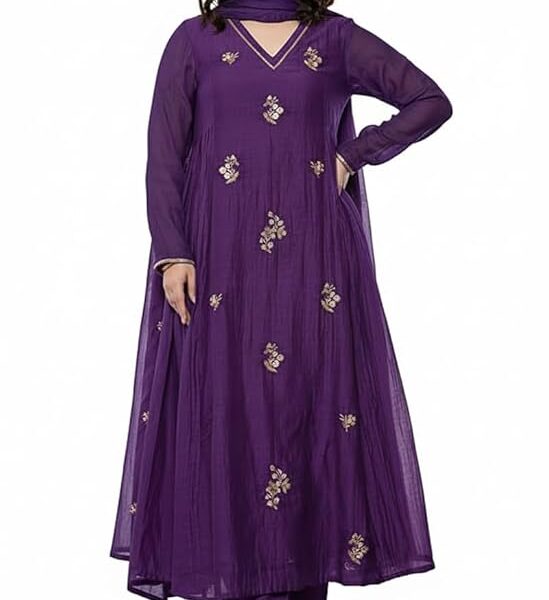 Women's Purple Embroidery Solid Anarkali Kurta and Pant Set with Dupatta – Sizes S to 5XL