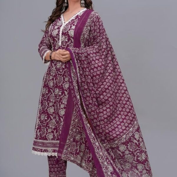 Women's Purple Pure Cotton Printed Straight Kurta Set with Palazzo Pants & Dupatta – Sizes S to 4XL