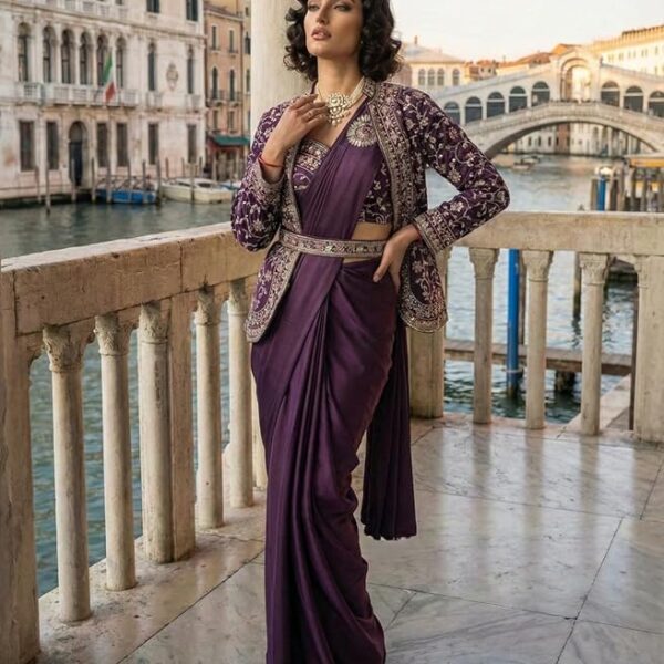 Women's Purple Silk Pre‑Draped Saree with Embroidered Jacket & Waist Belt – Sizes M to 2XL