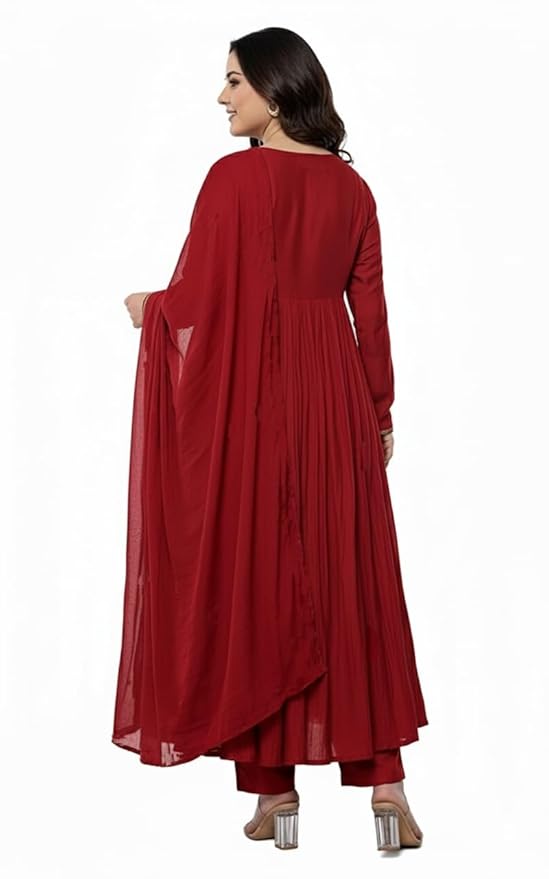 Women's Red Embroidery Solid Anarkali Kurta and Pant Set with Dupatta – Sizes S to 5XL - Image 4