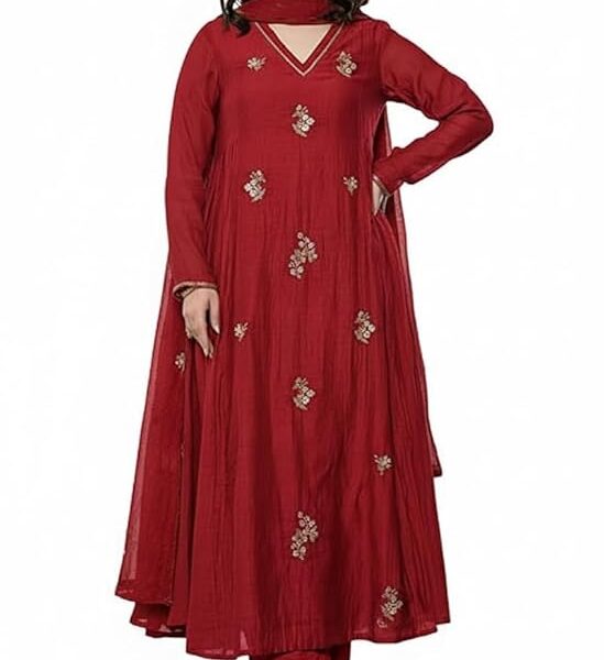 Women's Red Embroidery Solid Anarkali Kurta and Pant Set with Dupatta – Sizes S to 5XL