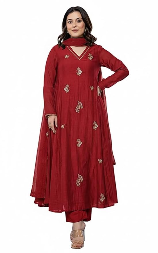 Women's Red Embroidery Solid Anarkali Kurta and Pant Set with Dupatta – Sizes S to 5XL