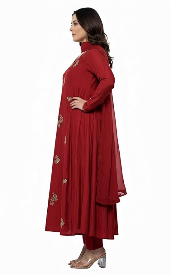 Women's Red Embroidery Solid Anarkali Kurta and Pant Set with Dupatta – Sizes S to 5XL - Image 3