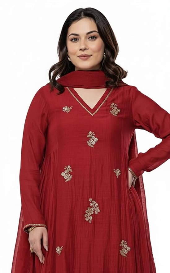 Women's Red Embroidery Solid Anarkali Kurta and Pant Set with Dupatta – Sizes S to 5XL - Image 2