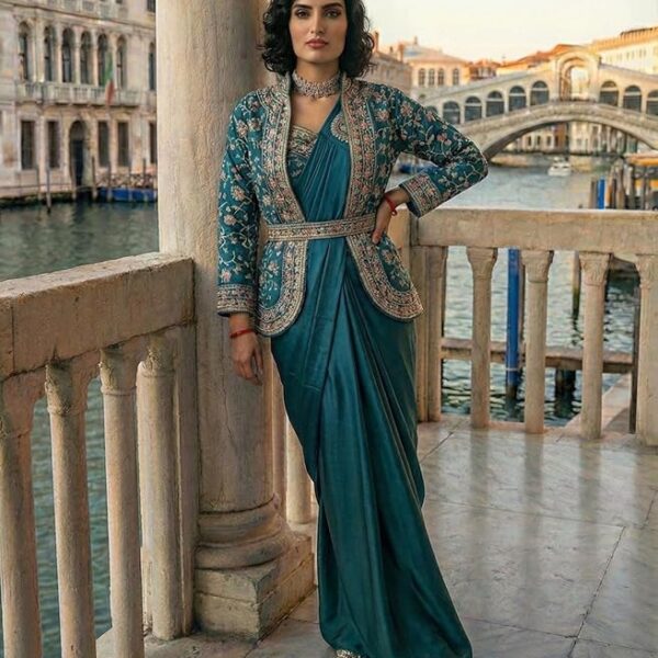 Women's Teal Blue Silk Pre‑Draped Saree with Embroidered Jacket & Waist Belt – Sizes M to 2XL