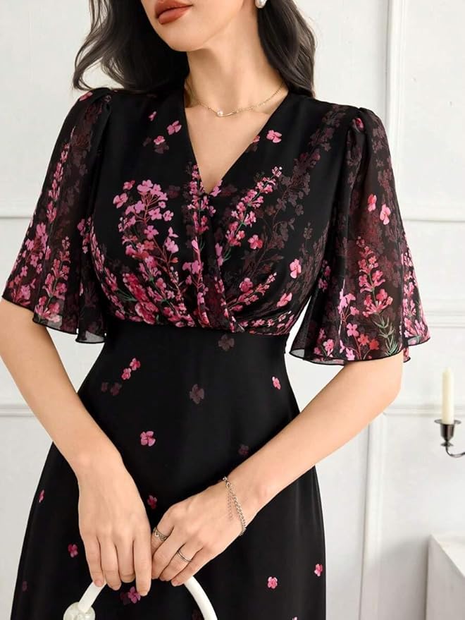 Women's Black Georgette Floral Printed One‑Piece Dress – V‑Neck Flutter Sleeve Maxi, Sizes S to 4XL - Image 5