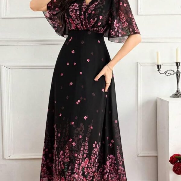 Women's Black Georgette Floral Printed One‑Piece Dress – V‑Neck Flutter Sleeve Maxi, Sizes S to 4XL