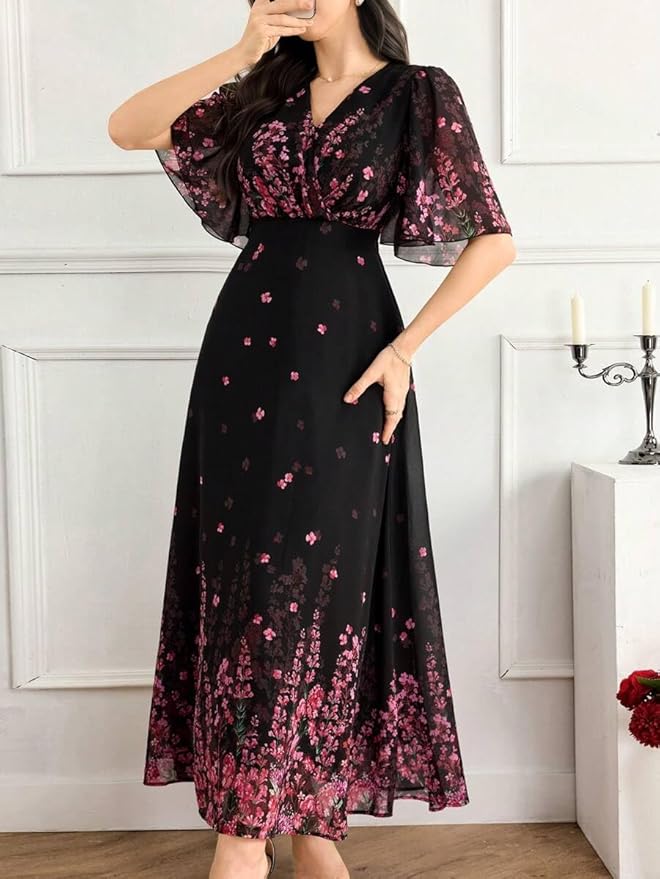 Women's Black Georgette Floral Printed One‑Piece Dress – V‑Neck Flutter Sleeve Maxi, Sizes S to 4XL
