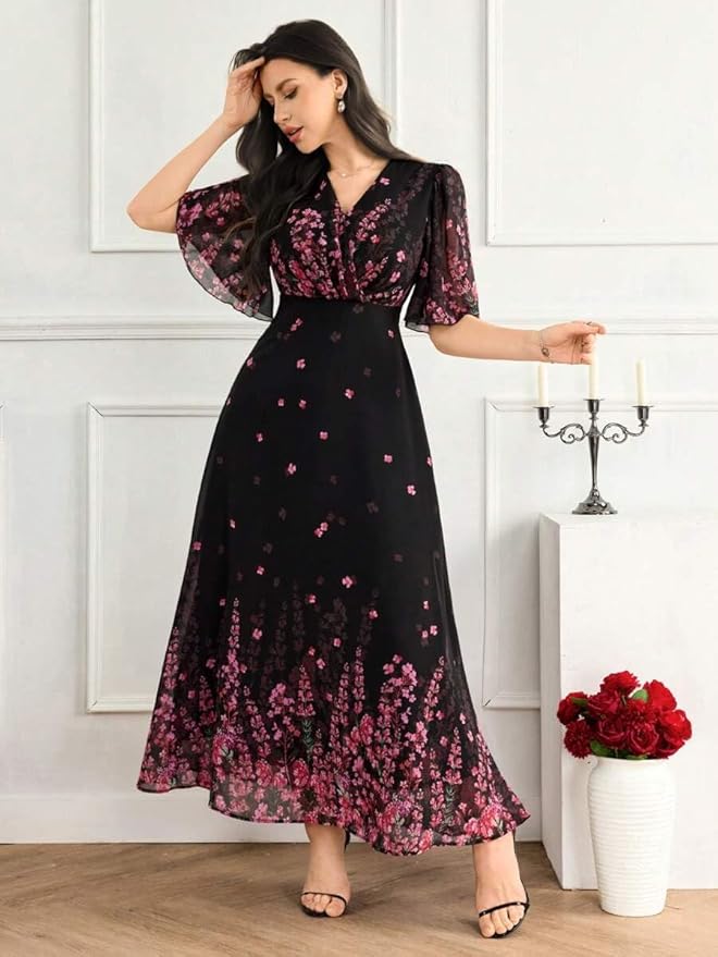 Women's Black Georgette Floral Printed One‑Piece Dress – V‑Neck Flutter Sleeve Maxi, Sizes S to 4XL - Image 2