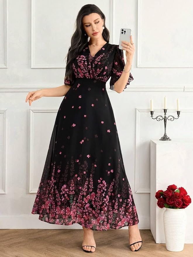Women's Black Georgette Floral Printed One‑Piece Dress – V‑Neck Flutter Sleeve Maxi, Sizes S to 4XL - Image 3