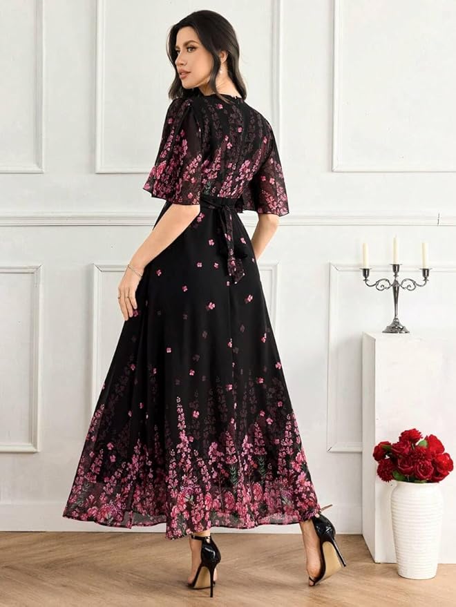 Women's Black Georgette Floral Printed One‑Piece Dress – V‑Neck Flutter Sleeve Maxi, Sizes S to 4XL - Image 6