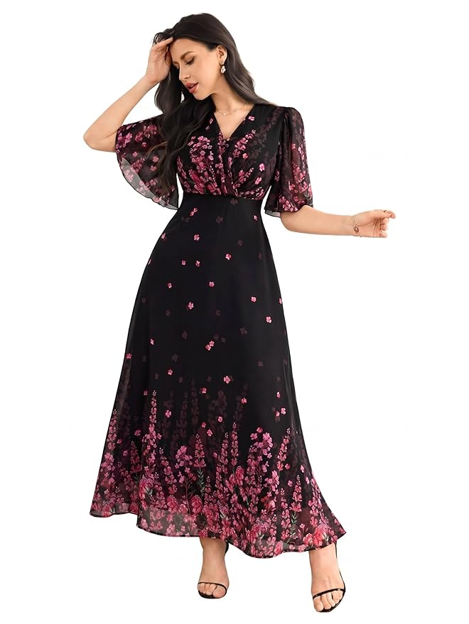 Women's Black Georgette Floral Printed One‑Piece Dress – V‑Neck Flutter Sleeve Maxi, Sizes S to 4XL - Image 7