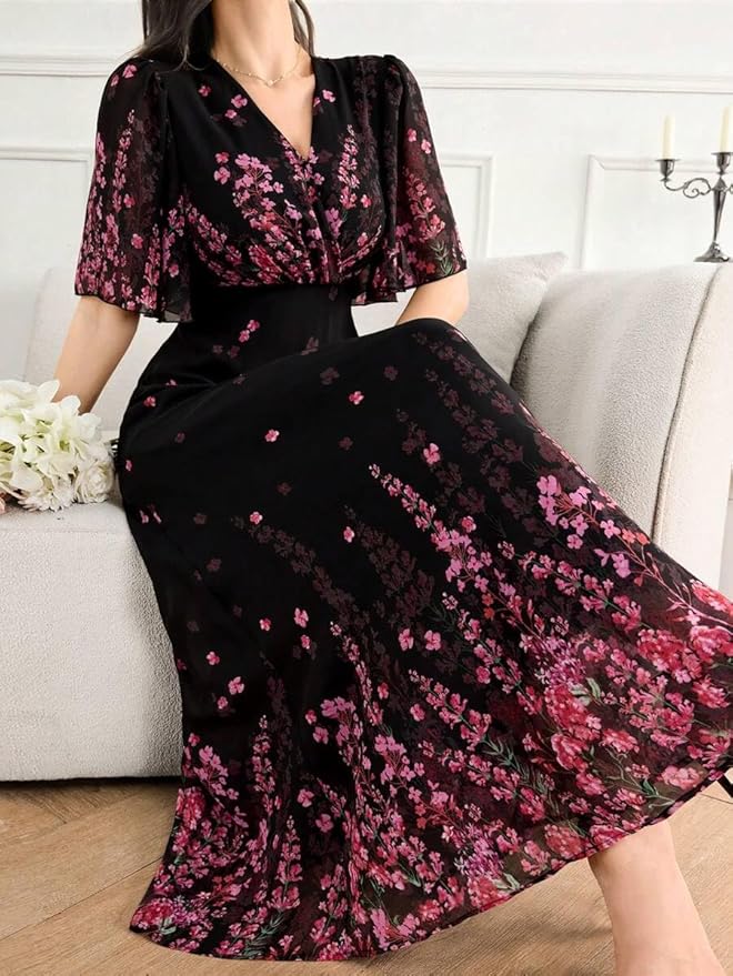 Women's Black Georgette Floral Printed One‑Piece Dress – V‑Neck Flutter Sleeve Maxi, Sizes S to 4XL - Image 4
