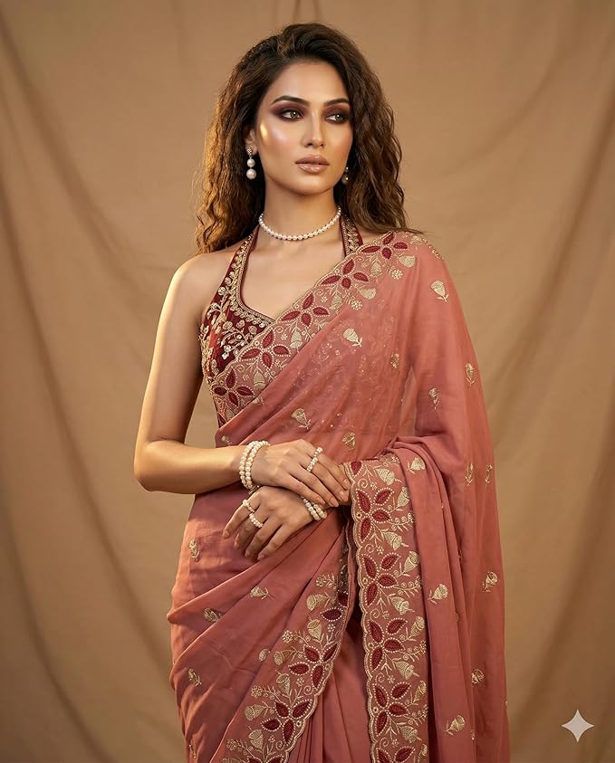 Embroidered Georgette Saree for Women with Designer Blouse Piece - Image 2