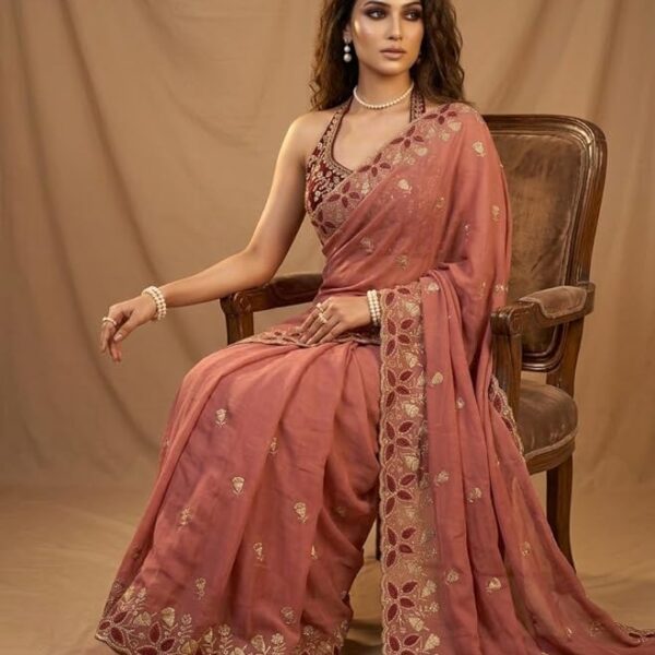 Embroidered Georgette Saree for Women with Designer Blouse Piece