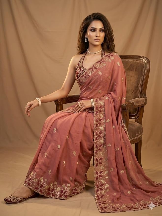 Embroidered Georgette Saree for Women with Designer Blouse Piece
