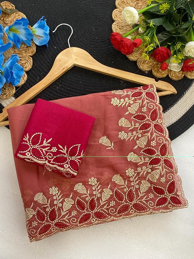 Embroidered Georgette Saree for Women with Designer Blouse Piece - Image 5