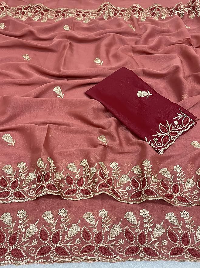 Embroidered Georgette Saree for Women with Designer Blouse Piece - Image 4