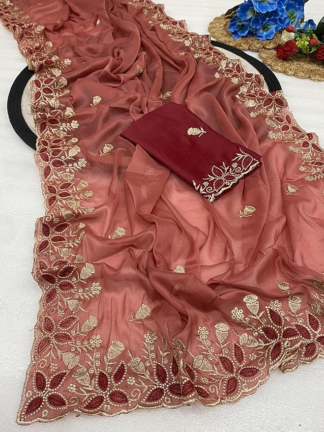 Embroidered Georgette Saree for Women with Designer Blouse Piece - Image 3
