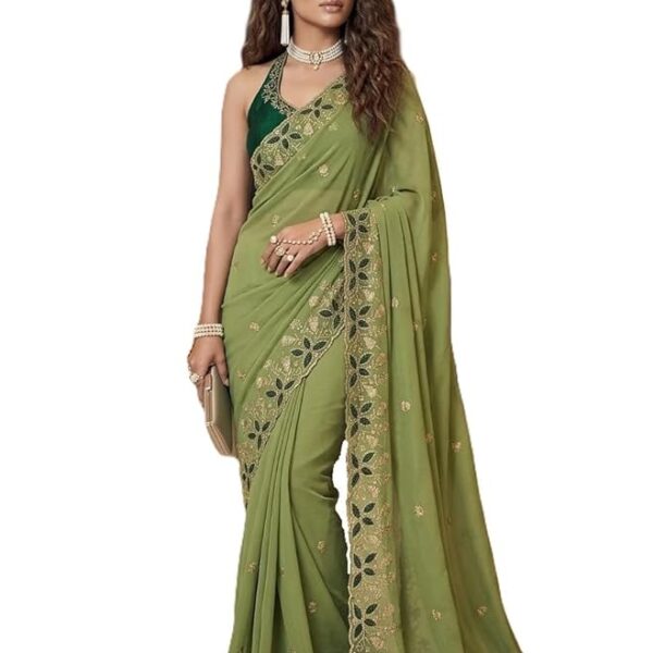 Light Green Embroidered Georgette Saree for Women with Designer Dark Green Blouse Piece