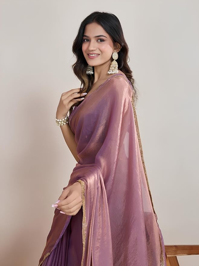 Mauve Women’s Soft Fandy Silk Saree with Hand Work Lace Border and Unstitched Blouse Piece - Image 5